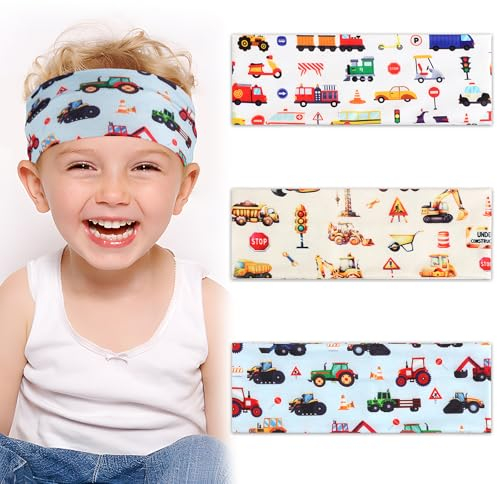 BETESSIN 3 Stück Haarband Jungs Auto Kinder Stirnband Bagger Jungen Sport Haarbänder Elastisches Kopfband Fahrzeug Breite Sportstirnband Headband für Schule Sport Freizeit in 3 Stilen