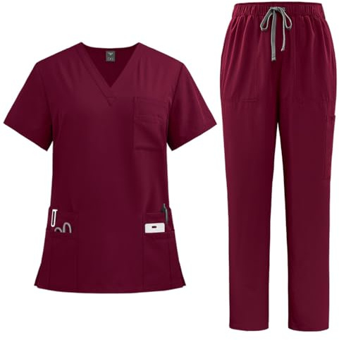 PengGengA arbetskläder dam, traingsdräkt, joggingdräkt, stretch, kortärmad t-shirt och joggingbyxor med flera fickor, Vinröd, XL