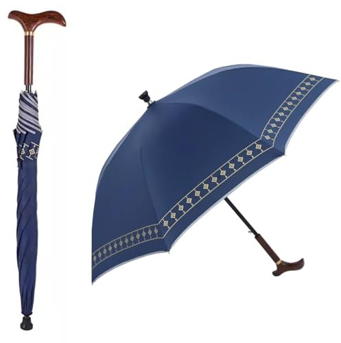 Wzmazingly Spazierstock Regenschirm, 2-in-1 Schirm-Gehstock, Multifunktionaler Tragbarer Stützschirm, Gerader Stab Holz Langes Griffdesign, Mit Rutschfester Spitze(Blue)