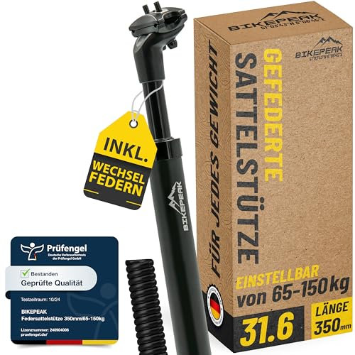 BikePeak Federsattelstütze Ø wählbar 27.2/30.9/31,6 mm | 350mm lang schwarz inkl. 4 Wechselfedern für jedes Gewicht von <65kg-120kg einstellbar (Länge 350 mm, Ø 31,6 mm)