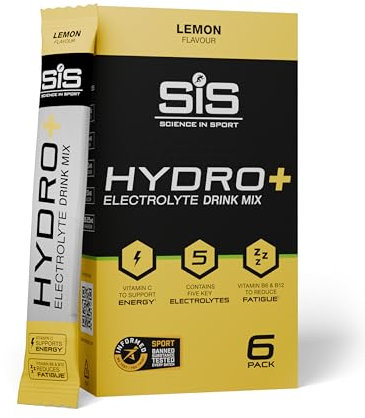 Science in Sport Hydro+ Electrolytes Powder Sachets with 5 Essential Electrolytes and added Vitamins C, B6, and B12 for Hydration Drink | Lemon, Pack of 6 Sachets