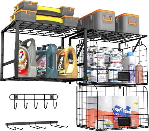 Qustikuri Confezione da 3 scaffali per garage, con cesti metallici, mensole per lavanderia, mensole da parete con ganci, organizer per capannoni, giardino, cucina, organizzazione e stoccaggio