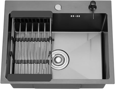 Évier Cuisine 1 Bac 55 x 45 cm STANEW, Évier Encastrable, petit Évier Inox Cuisine inclus avec,Trous pour Robinets et Distributeur de Savon et panier télescopique