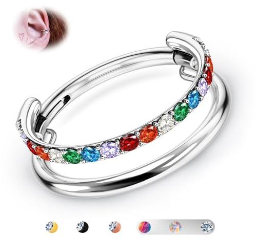 BodyBonita G23 Titanio Cartilagine Orecchino Cerchio 16G Arcobaleno CZ Doppio Piercing Nariz Septum Anelli Conch Piercing Gioielleria Trago Daith Elica Orecchini Anelli Naso per Donna Argento 12mm