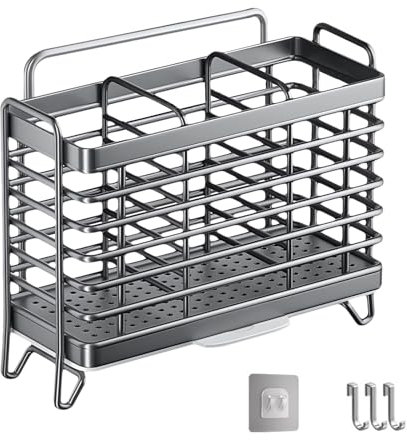 Jadin Scolapiatti Posate, Supporto Utensili da Cucina, Cestino per Posate in Acciaio Inossidabile, 3 Scompartimenti, Senza Necessità di Trapano, Da Parete, Rimovibile, con Vassoio Raccoglitori (Grigio