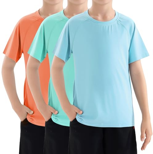 Zoofly 3 Stück Jungen Kurzarm Rashguard Shirt mit UPF 50+ Schutz Kinder UV Schwimmshirt Schnelltrocknend Orange/Mint/Hellblau (M/10-12)