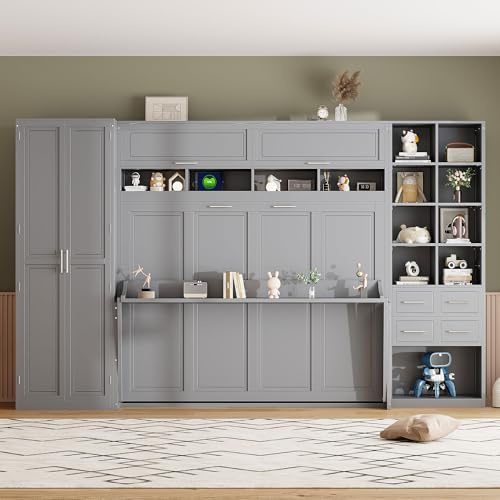 Merax Queen Murphy Bed with Tall 90.6 Closet Wardrobe & Shelves & Drawers, All-in-One Multi-Storage Side Flip Wood MDF Murphy Cabinet Bed Desk, Open/Close Hydraulically (Gray)