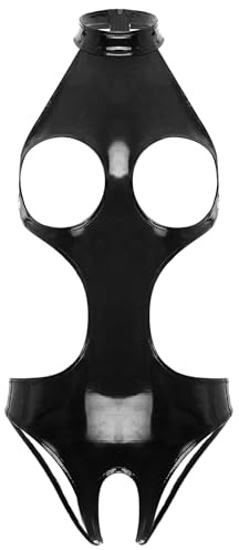 HULIJA Pelle Body Donna Ouvert Catsuit Senza Reggiseno Neckholder Body Passo Aperto Overall Lingerie Seducente Nero XL