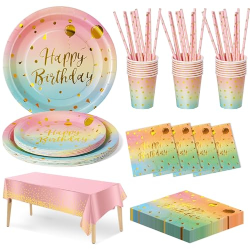 Nkaiso Compleanno Stoviglie per Feste, 20 Ospiti Arcobaleno Oro Stoviglie Carta Set Include Piatti di Carta Tovaglioli Tazze Riutilizzabili Stoviglie Decorazioni per Feste per Bambini