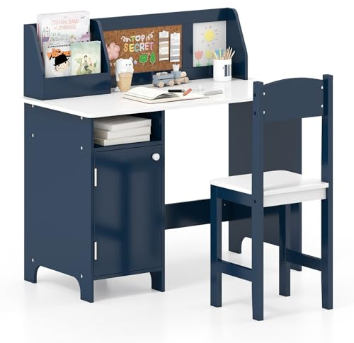 LIFEZEAL Scrivania per bambini con sedia in legno, tavolo da studio con armadietto e mensola, tavolo 90 x 45 x 86 cm con carico di 90 kg, sedia con carico di 50 kg, ragazzo ragazza 3+ anni (blu)