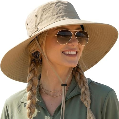 Sun Hat for Women UK Summer, Wide Brim 12cm Foldable Sun Hat with UV Protection, Breathable Mesh Bucket & Cowboy 2-Way Style, Quick-Dry Outdoor Hiking Beach Safari Hat (Khaki)