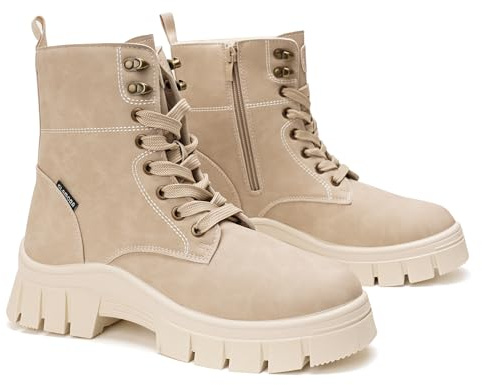 GLAMORA Stivaletti donna tipo militare con lacci e zip laterale, design urbano invernale con suola antiscivolo e piattaforma comoda per l'uso quotidiano, lavoro e passeggiate, beige, 36 EU