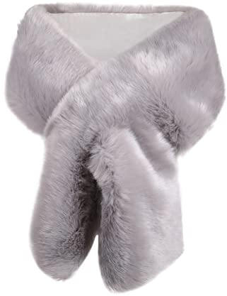 Women Long Faux Fur Bolero Bridal Stole Cover Up Soft Shawl Scarf Grey,One Size