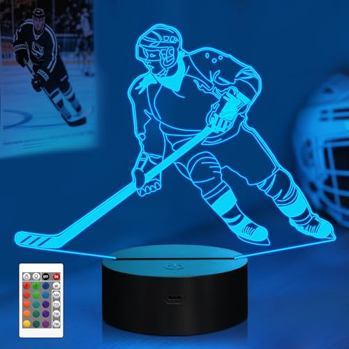 Ishockey, present, CooPark, 3D, ishockey, nattlampa för barn, 16 färger som kan ändras med fjärrkontroll, dimbar funktion, sporttema, sovrum, cool dekorationslampa för barn