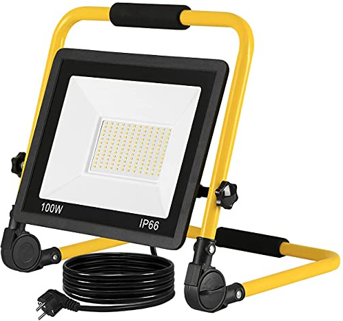 Froadp 100W Foco de Construcción, Luz de Trabajo Blanco Cálido con Soporte Abatible y Cable de Alimentación de 3m, IP66 Impermeable Faro con Enchufe Carcasa de Aluminio
