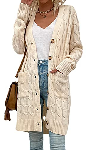 Xinwcang Cardigan Câble Tricoté Femme, Gilet Long en Tricot à Manches Longue Pull avec Poches, Col V Chandail Manteau - Blanc,L