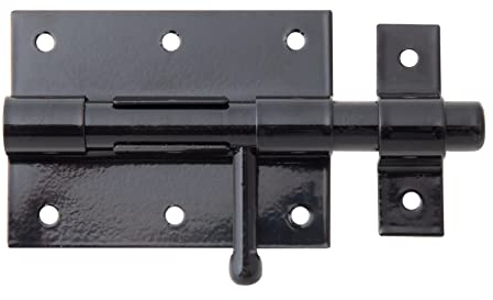 Alberts 137014 Bolzenriegel | mit rundem Griff und befestigter Schlaufe | schwarz kunststoffbeschichtet | Platte 90 x 67 mm | Bolzen-Ø 13,5 mm | Gesamtlänge 130 mm