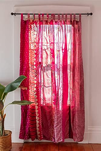 KRAAFTY Indisk gammal sidenblandning sari gardiner - unika lapptäcke fönstergardiner för vardagsrum och sovrum - ljusfiltrering heminredning gardiner - 213 cm längd, rosa färg