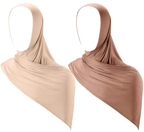 Handepo 2 pezzi Instant Hijab Jersey Hijab per donna testa musulmana sciarpa leggera lunga e morbida hijab scialle elasticizzato tinta unita sciarpa avvolgente (beige, kaki), Beige e cachi
