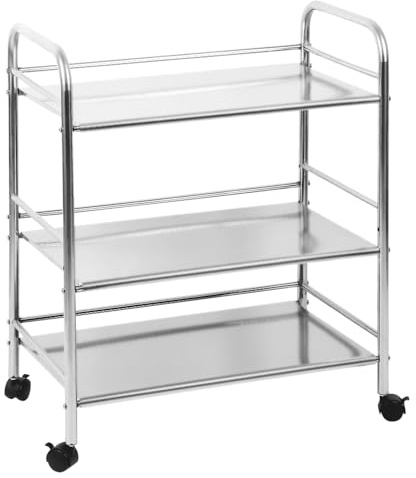 THINFAR Serveringsvagn i rostfritt stål med 3 hyllor köksvägg restaurang service vagn skola släta hjul med broms köksvagn (60 x 36 x 74 cm.)