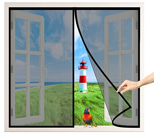 Fenêtre Moustiquaire Magnétique, 140x130 cm Fermeture Automatique avec Sangle de Rangement Sans Perçage Rideau de Fenêtre Anti Insectes, Noir P