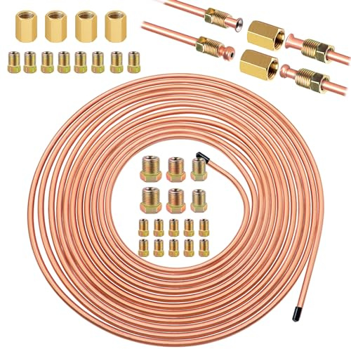 Tnisesm 3/16 25 Ft Upgrade Brake Line Tubing Kit, 3/16 Copper Coated Flexible Tube (Upgrade 16Pcs Fittings,4Pcs Unions+8Pcs Nut)