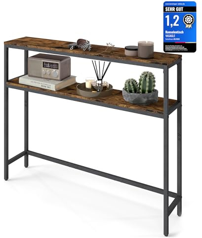 VASAGLE Mesa de Consola de 2 Niveles, Mesa Auxiliar con 2 Estantes, 20 x 100 x 80 cm, para Sala de Estar, Pasillo, Recibidor, Marrón Rústico y Negro Tinta LNT131K01