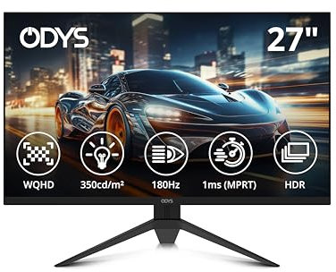 ODYS i27-Q-180-27 Zoll Gaming Monitor (69 cm Bildschirm, WQHD, 2.560x1.440 Pixel, 180 Hz, 1ms Reaktionszeit (MPRT), Fast IPS Panel, 120% sRGB, FreeSync, 2X HDMI, 2X Display Port)