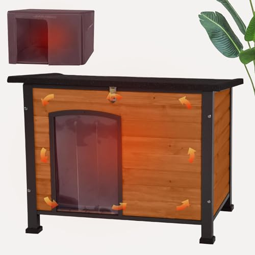 Seiyierr Indoor Outdoor Dog House,Anti-Chewing Iron Frame Dog Kennel Wood Warm Pets Home Weatherproof Outside Shelter(Brown)