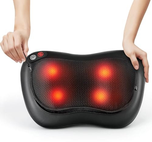 ALLJOY Coussin de Massage Shiatsu - Masseur Dos Chauffrant avec 4 Nœuds et 3 Vitesses Réglable, Têtes de massage rotatives 3D améliorées,Cadeau pour Femme/Homme, Portable pour Maison Bureau Voiture