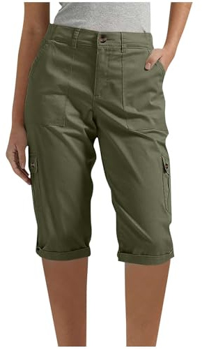 RLEHJN Knee Length Shorts Women Deals of The Day, Womens Cargo Shorts Solid Color Capri Pants with Multiple Pockets Summer Back Half Elasticated Waist Cropped Trousers for Hiking Work Travel Golf