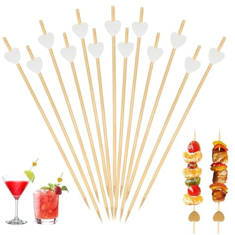 100 palillos de madera para cócteles, con corazones blancos, palillos de madera de 13 cm, brochetas de frutas, brochetas de fiesta, hamburguesas, accesorios de cóctel, decoración para cócteles, frutas