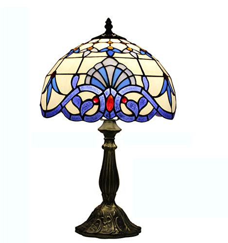 Baroque Lamp, Lamp,Blue Yellow Stained Glass Lamp,Vintage Table Lamp,Office Study Reading Piano Accent Desk Banker Lamp, Bedroom Bedside Lamp,Alloy Base,W 12in H 19in,White