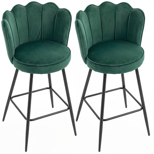 HOMCOM Bar Stools Set of 2, Modern Velvet-Feel Barstools with Petal Backrest and Footrest, Upholstered Breakfast Bar Chairs with Metal Legs for Kitchen Island Counter, Dining Room, Dark Green