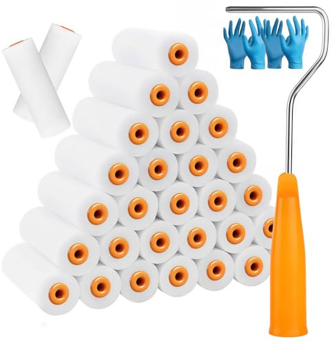 30x Lackierwalze, 10cm Farbwalze, Schaumstoff-Farbroller, Lackrolle Schaumwalze, Lösemittelbeständig Lackrolle, Mit 30 cm Stiel Lackierrolle 2 Paar Handschuhe zum Streichen von Wänden, Schränken