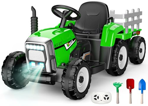 Naxudcoo Ride On Tractor With Trailer: Remote Control Tractor Toys For 3-7 Year Old Kid, 12V Electric Vehicles With Led Headlights, Bluetooth & Usb, Ride On Car Birthday Gifts For Kids 3+