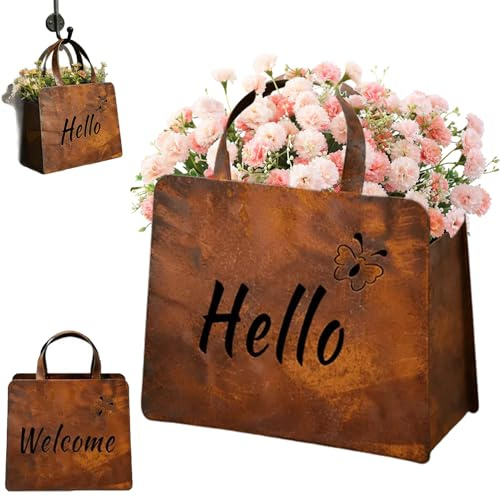 Rustic Metal Handbag Planter, Hello Welcome Handbag Shaped Metal Vase Gifts for Women Mom, Farmhouse Purse Vase for Flowers with Handle, Purse Planter for Succulents, Flowers, Garden Decor