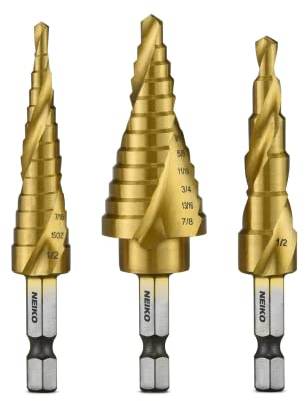 NEIKO 10181A Step Drill Bit Set, 3 Piece, Spiral Grooved for Faster Drilling, Step Bits for Stainless Steel, Metal, Wood, Plastic, Unibit Cone Drill Bits with 31 Step Sizes Total