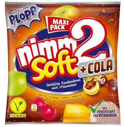 nimm2 soft +Cola Bonbons – 1 x 345 g – Gefüllte Kaubonbons in vier Sorten mit Cola-Geschmack, Fruchtsaft und Vitaminen – Vegane Süßigkeit