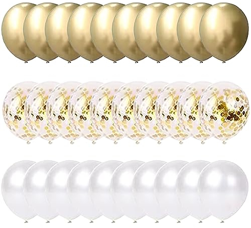 60Pcs 12 Inch Gold & White Balloon Set - Metallic Golden & White Balloon Arch Kit Latex Helium Balloons for Wedding Anniversary Engagement Baby Shower Birthday Party Decorations Eid Mubarak Graduation