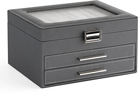 Meerveil Schmuckkasten, Kleine 3-Stöckige Schmuckschatulle, Halskettenplatte, Oberes Schaufenster, Mehrere Aufbewahrungsfächer, Armband-Organizer, PU-Leder Grau