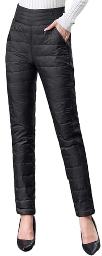 HOTIAN Pantaloni da donna invernali caldi con imbottitura di piume d'oca, pantaloni da jogging caldi e imbottiti, impermeabili, pantaloni da neve ultraleggeri, Nero , M