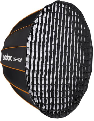 Godox QR-P120 120cm Quick Release Deep Parabolic Softbox With P120-G Honeycomb Grid Bowens S-Type Double Diffusion Layer Easy-Open 16-Sided Design Compact Portable Photography Video Lighting Modifer