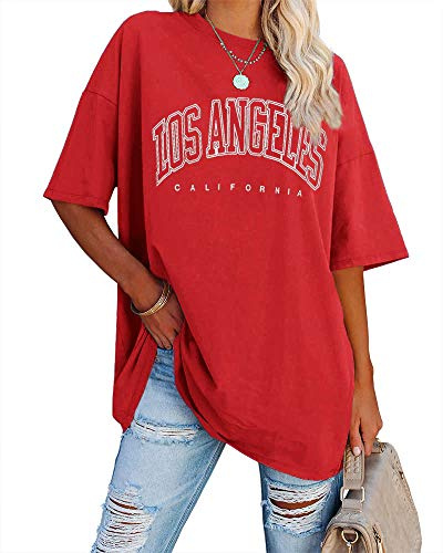 Ebifin - Kvinnors överdimensionerad t-shirt, med kortärm, rund halsringning, i vintagestil med texten “Los Angeles”, avslappnad och casual, lämplig som basplagg för sommaren, Röd, L