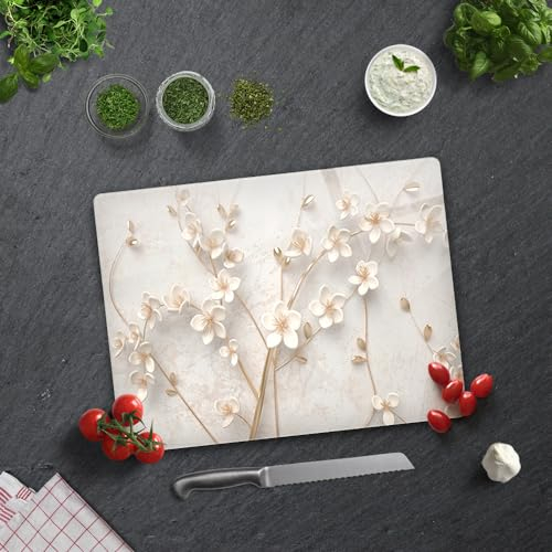 Decoritashop Tagliere da cucina in vetro temperato rettangolare con piedini in gomma, resistente al calore, antiscivolo, 30 x 40 cm, fiore bianco, oro, BRCKT0103000000