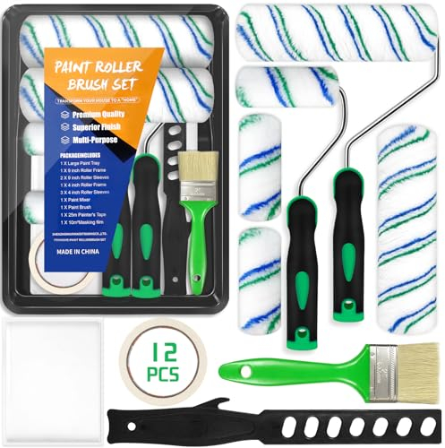 JEDWKFA Lot de 12 Pièces Rouleau Peinture, Kit Peinture Mur pour Murs et Plafonds, Comprend un Bac Peinture, des Pinceaux, Rouleau Peinture xxl, Mini Rouleau Peinture, Film de Masquage
