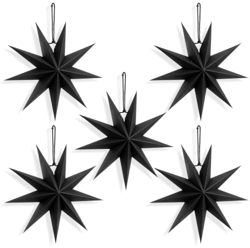 SUNBEAUTY Christmas Black Paper Stars, 5 Pointed 12 Inch Hanging Paper Star Lanterns, Black Christmas Decorations Hanging Lamp for Indoor Xmas Tree, Yard, Home Decor Birthday