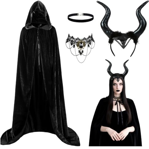Costume de diable pour femme,Costume d'Halloween pour femme avec coiffe de cornes de reine,Collier en dentelle gothique,Cape d'Halloween noire pour fêtes d'Halloween, fêtes costumées cosplay-A4
