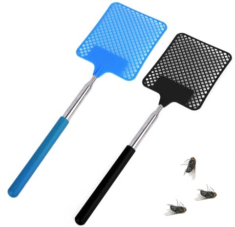 ShiWuYou 2 Pack Fly Swatter, Extendable Fly Swatters, Manual Fly Swat Pest Control for Indoor Outdoor Mosquito Wasp Bug Insect, Black+Blue