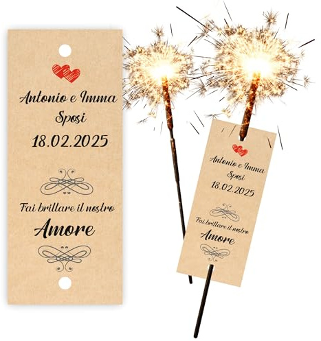 Mr Pubblicità - n.100 Cartoncino Etichette Stelline Scintille Matrimonio Personalizzati – Decorazioni Nozze, Sposi, Anniversario, Compleanno, Feste – Aggiungi Nomi e Frase a Scelta (Modello 6)